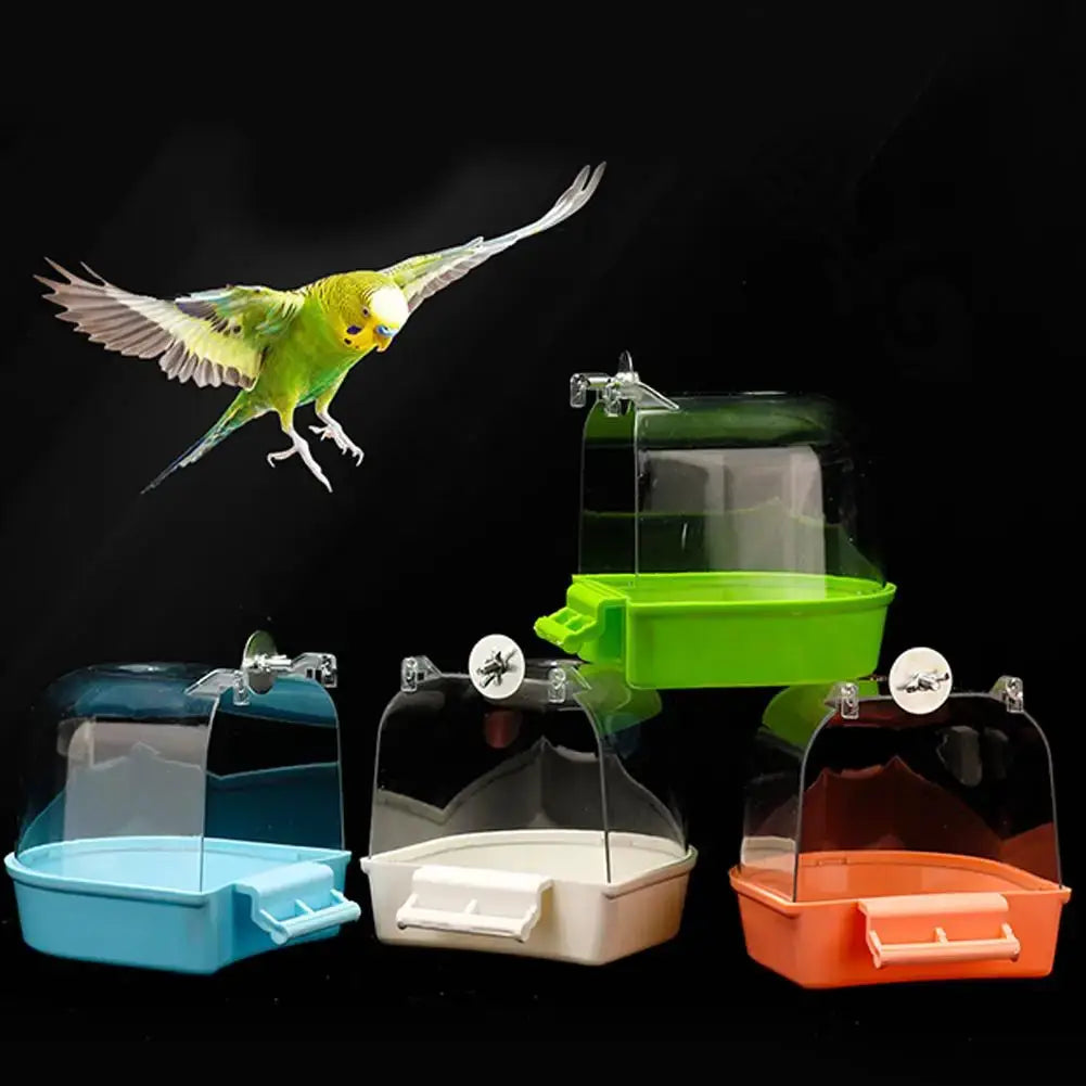 Hanging bird bath cube for small birds by Simples Market; four plastic baths with clear domes blue white orange green
