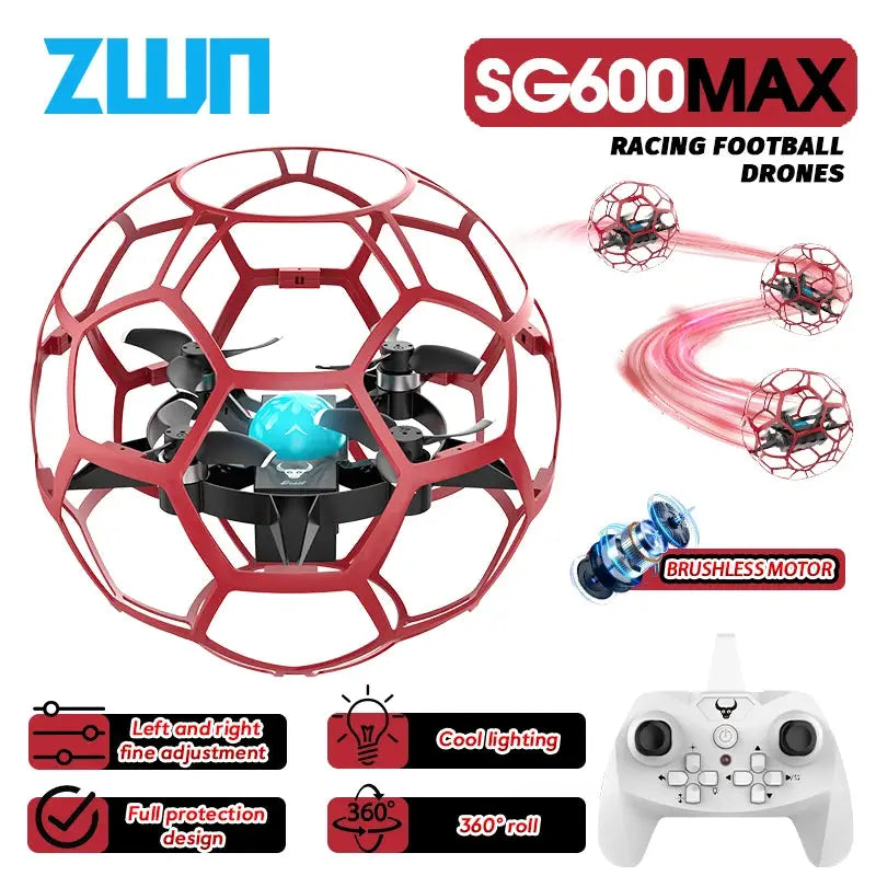 SG600 MAX red protective football drone with 2.4G RC, brushless motors and remote controller