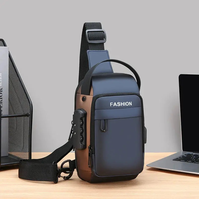Men's anti-theft chest bag crossbody with blue front panel, brown sides and black strap