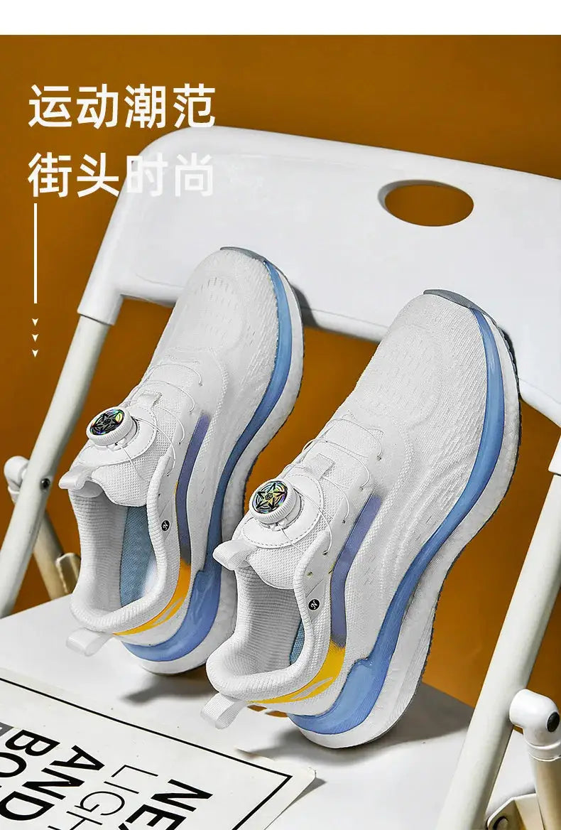 Men's white knit running sneakers with blue sole, dial lace closure; pair on display.