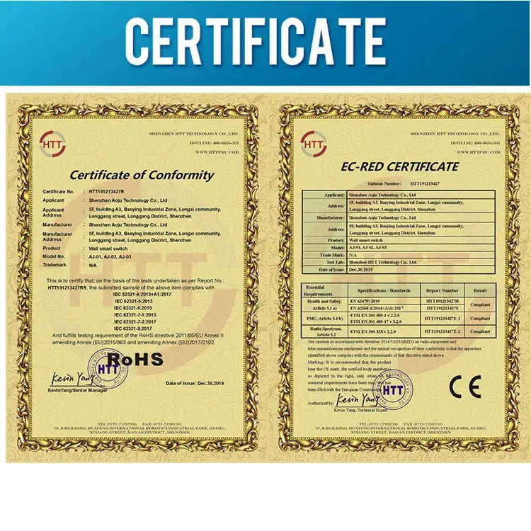 Two ornate gold certificates with borders and seals, labeled Certificate of Conformity and EC-RED Certificate.