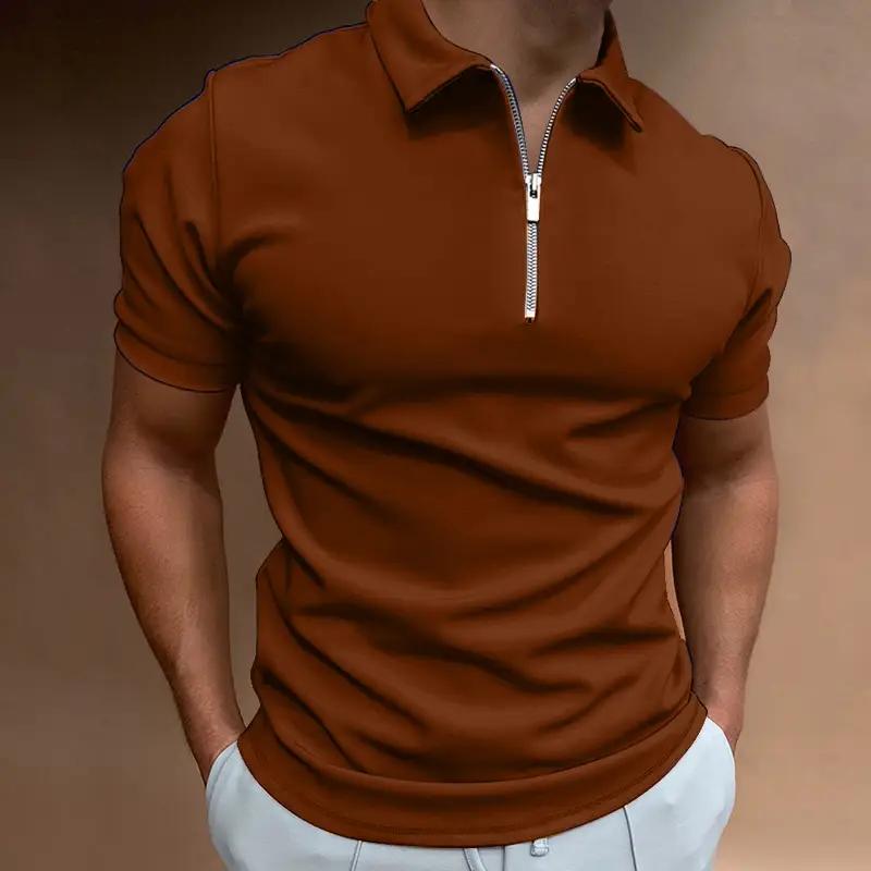Men's brown solid-color polo shirt with short sleeves and zippered turn-down collar