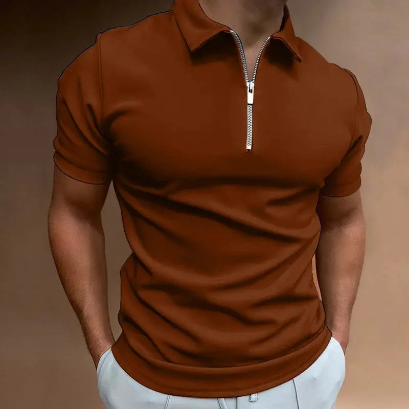 Summer men's solid brown polo shirt with short sleeves and zip-front turn-down collar.
