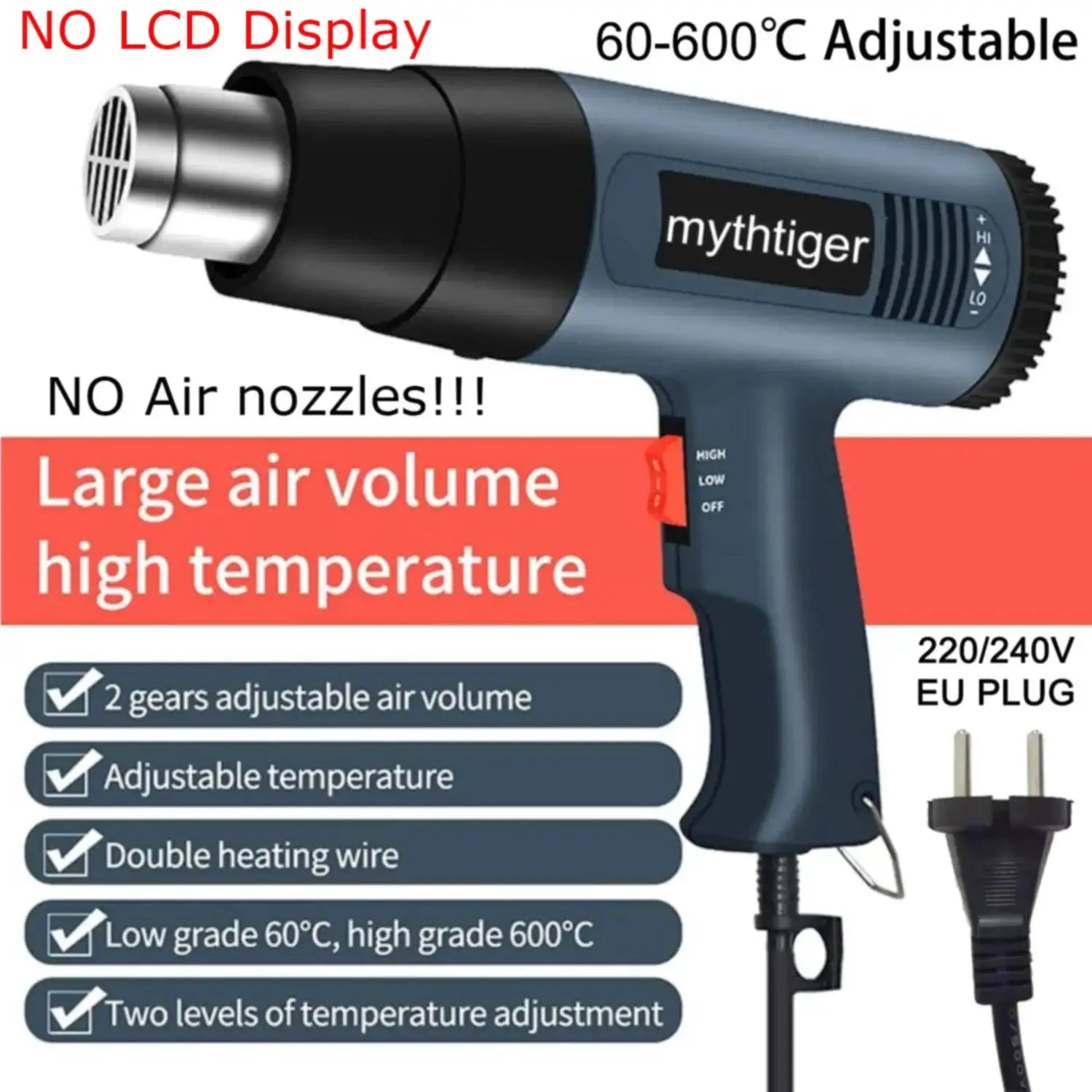 2000W Professional Heat Gun With Four Nozzles Adjustable 60 To 600 C For Paint Stripping PVC Shrinking DIY
