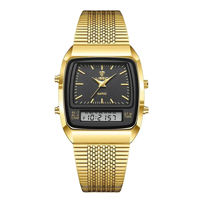 Gold-toned men's digital-analog quartz wristwatch with black dial and metal bracelet