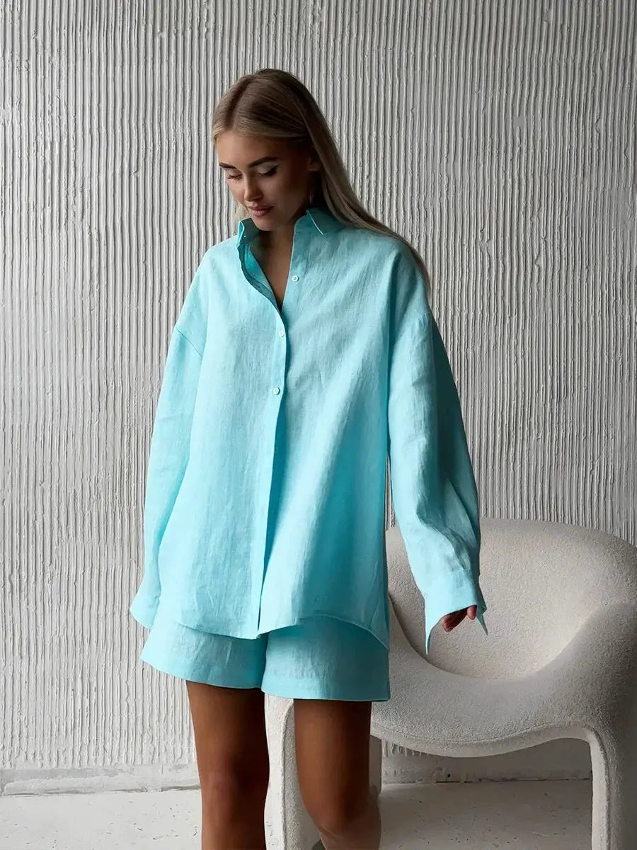 Bornladies Cotton Shorts Set Lapel Long Sleeve Shirt Elastic Waist