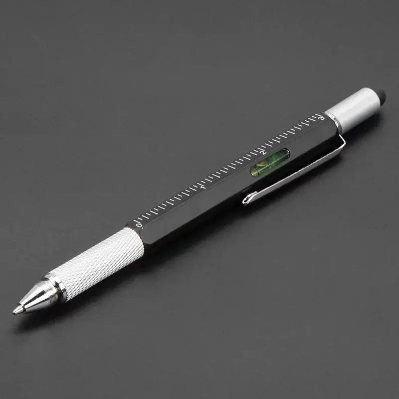 Simples Market 7-in-1 multifunction pen with ruler, level and screwdriver; black body with silver knurled grip and clip.