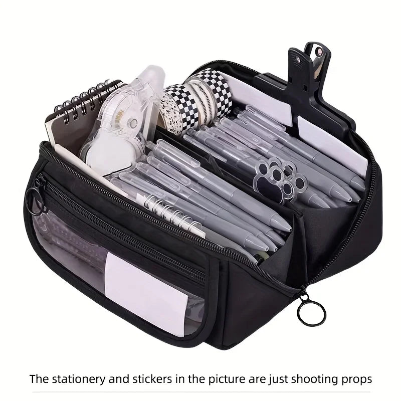 Simples Market large-capacity pencil case with multiple compartments and transparent front pocket, black exterior
