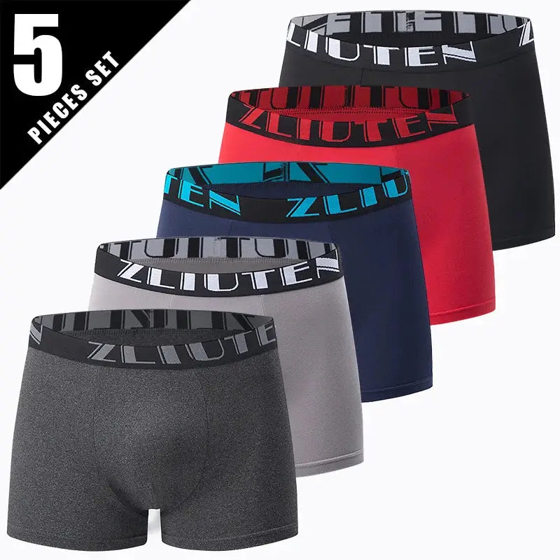 Men's 5-pack boxer underwear by Simples Market in assorted colors with branded elastic waistbands.