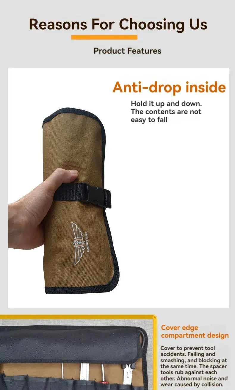 Tool roll pouch by Simples Market, brown Oxford cloth with black trim and buckle strap