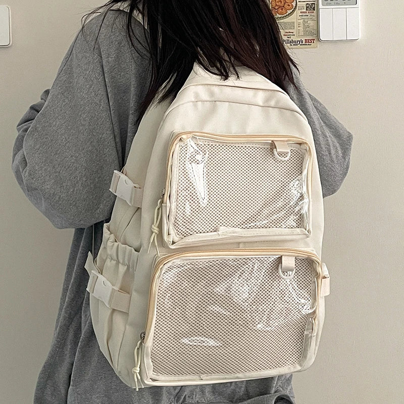 Cream Japanese-style ita bag backpack with two front mesh pockets