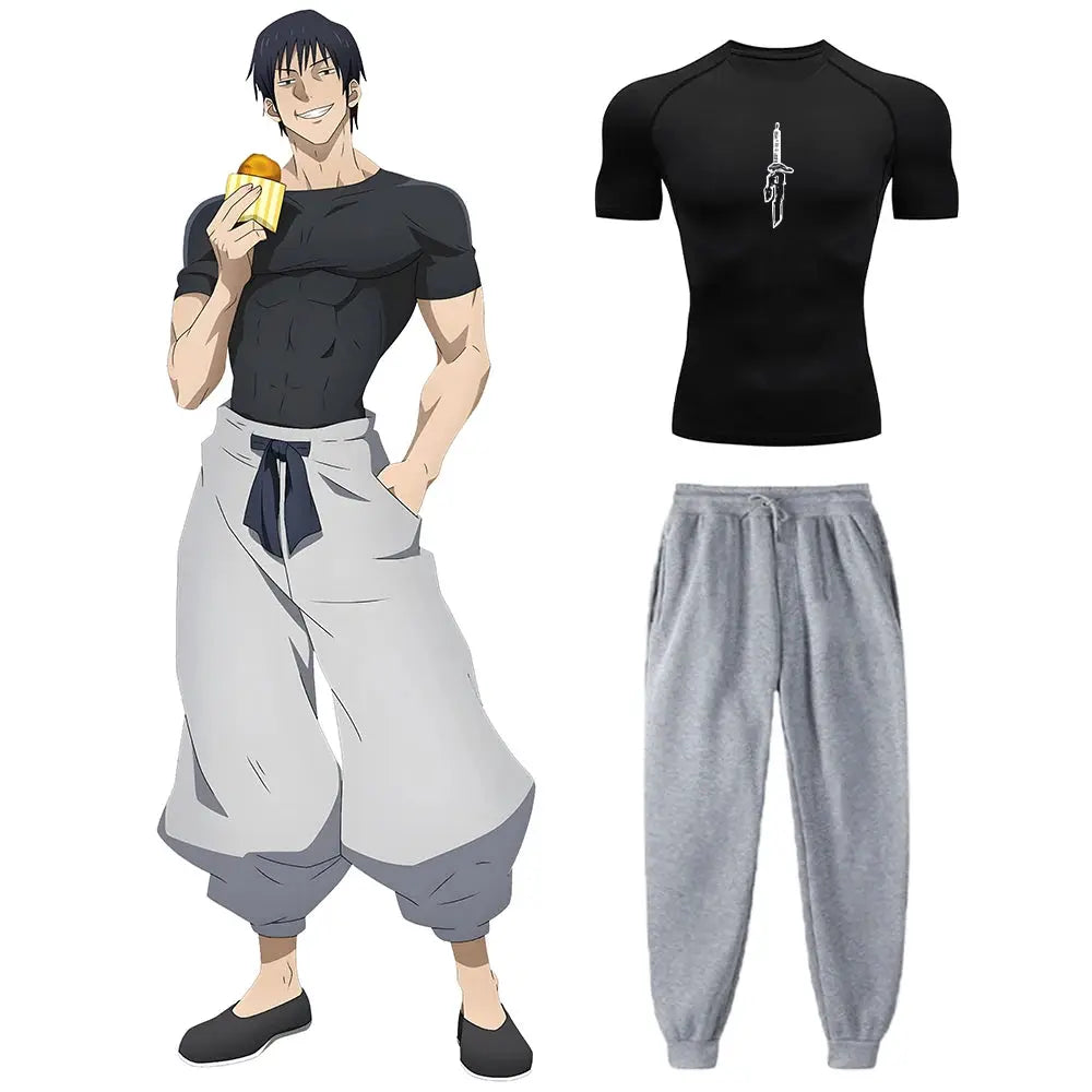 Jujutsu Kaisen Toji 2-piece athletic set: black compression tee + gray sweatpants
