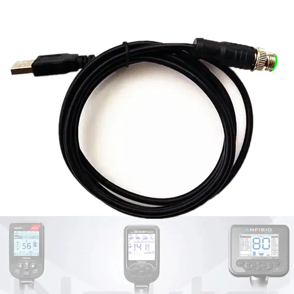 Black metal detector USB data cable with circular connector and green ring, coiled.