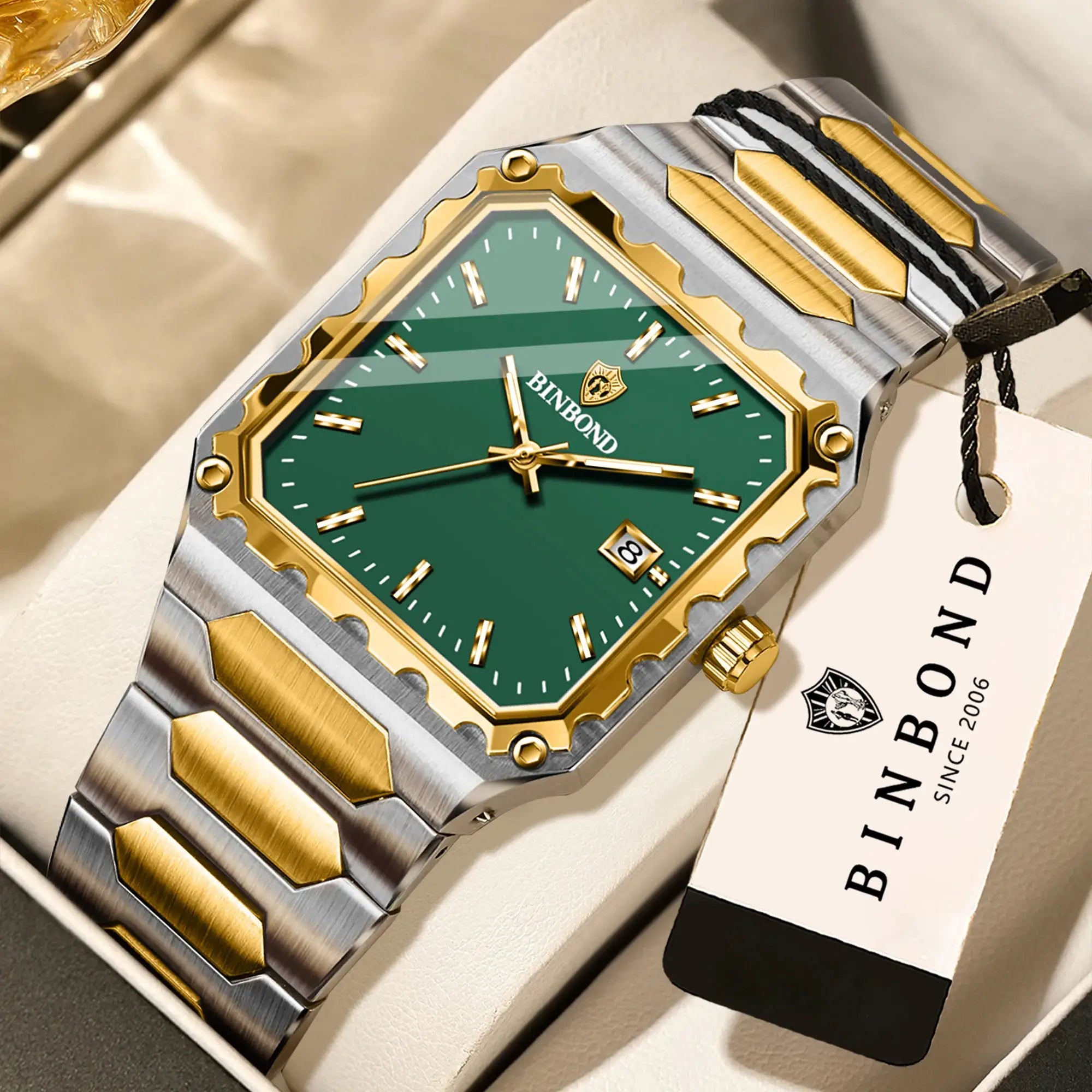 BINBOND men's luxury quartz watch with green dial, gold bezel, two-tone stainless steel bracelet