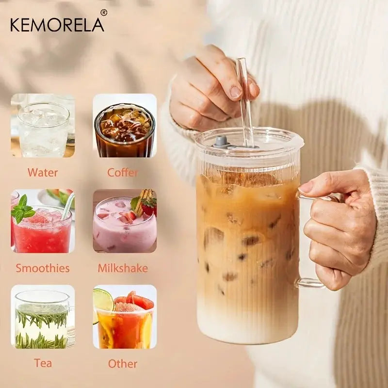Kemorela 740ml Large Ribbed Glass Tumbler With Handle And Lid Reusable Straw For Iced Coffee