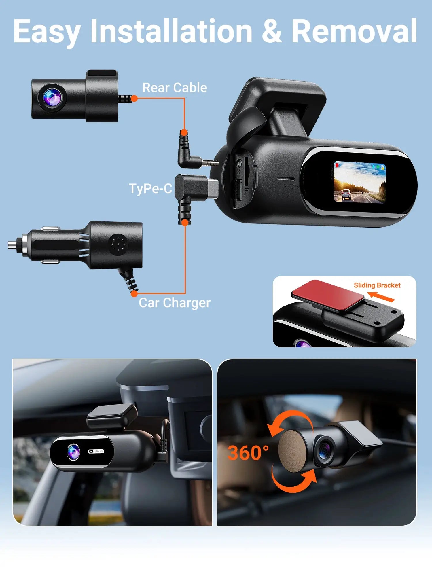 Dash cam for cars by Simples Market, 4K UHD front/rear recording with HDR night vision and built-in Wi-Fi parking mode