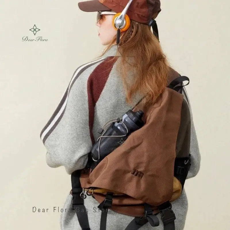 Y2K-inspired portable nylon crossbody bag, brown, unisex travel chest pack for outdoor use
