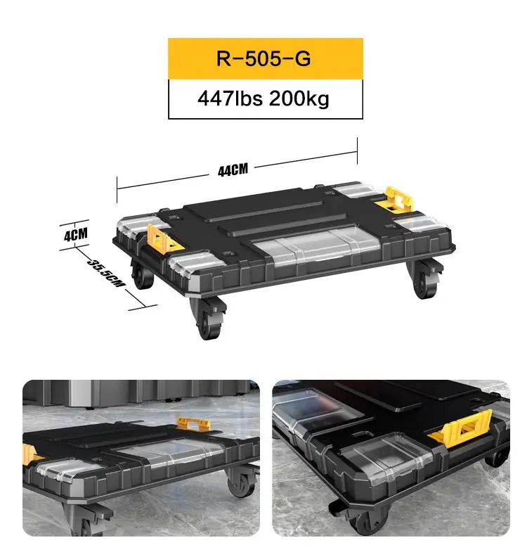 AIRAJ stackable modular toolbox set on wheels; black case with yellow latches, portable by Simples Market
