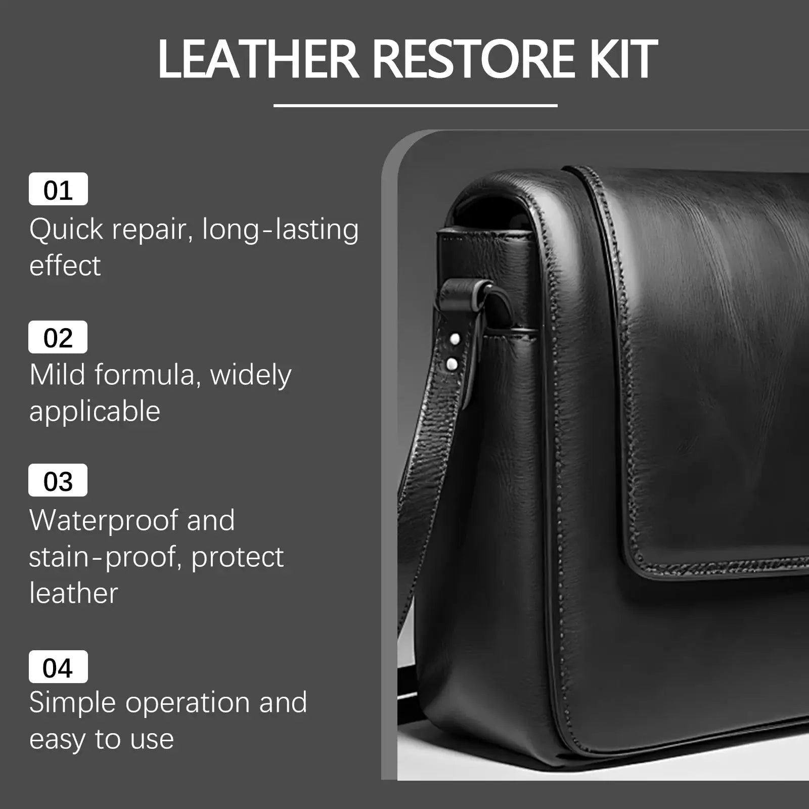 Leather Restore Kit; black leather bag close-up with visible stitching.