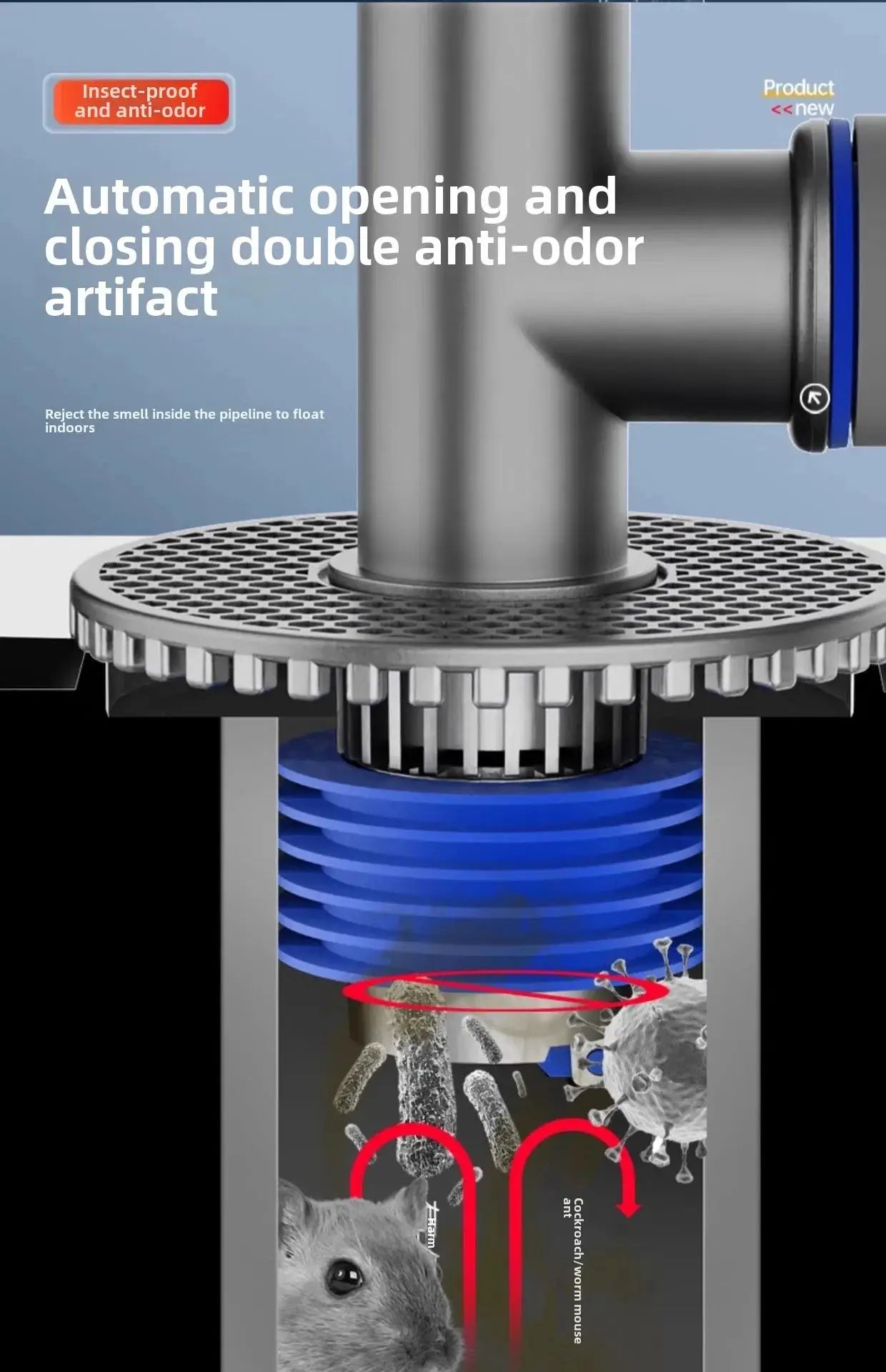 Universal washing machine floor drain with 2-in-1 sewer connector; metal body and blue ring, anti-odor.