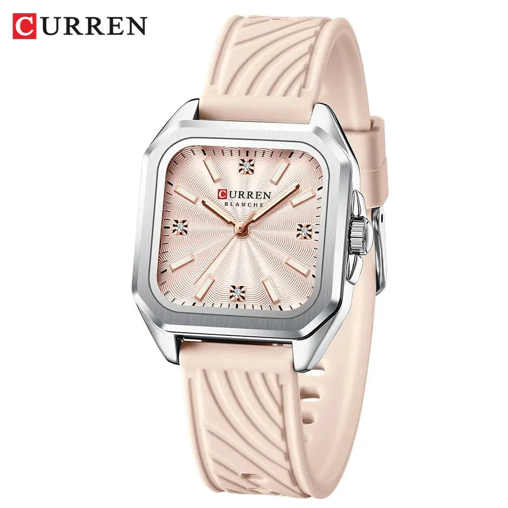 Curren 9113 ladies' quartz watch with pink dial, square silver case and pink silicone strap, waterproof.