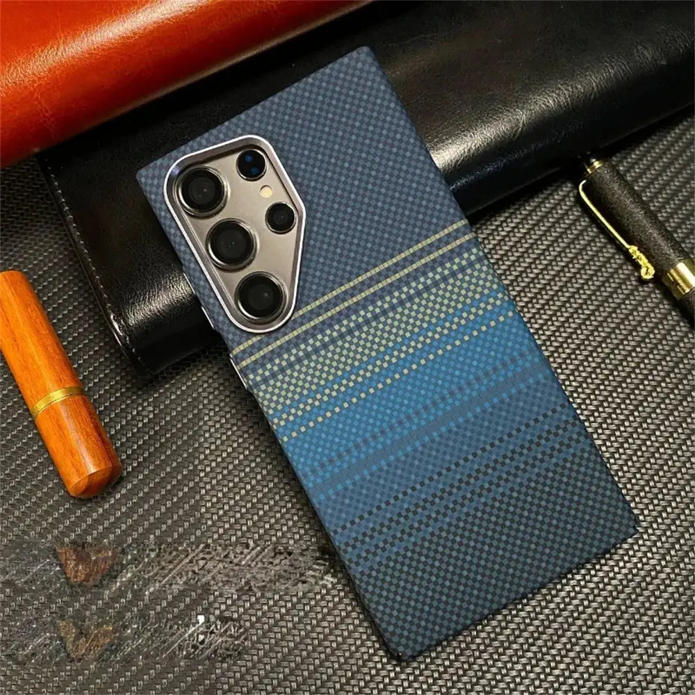 Simples Market MagSafe Kevlar carbon fiber pattern phone case for Samsung Galaxy S26/S25 Ultra/S24 Plus, blue PC cover