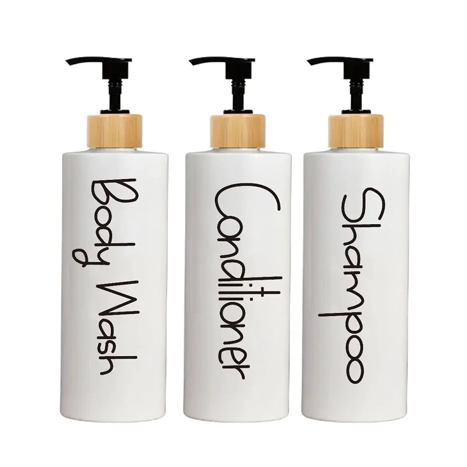 Three Pack Reusable Bathroom Pump Dispenser Bottles Shampoo Shower Gel