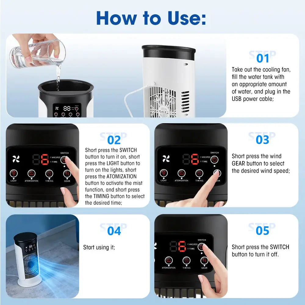 Simples Market portable USB air cooler with misting humidifier, 6 speeds, LED display.