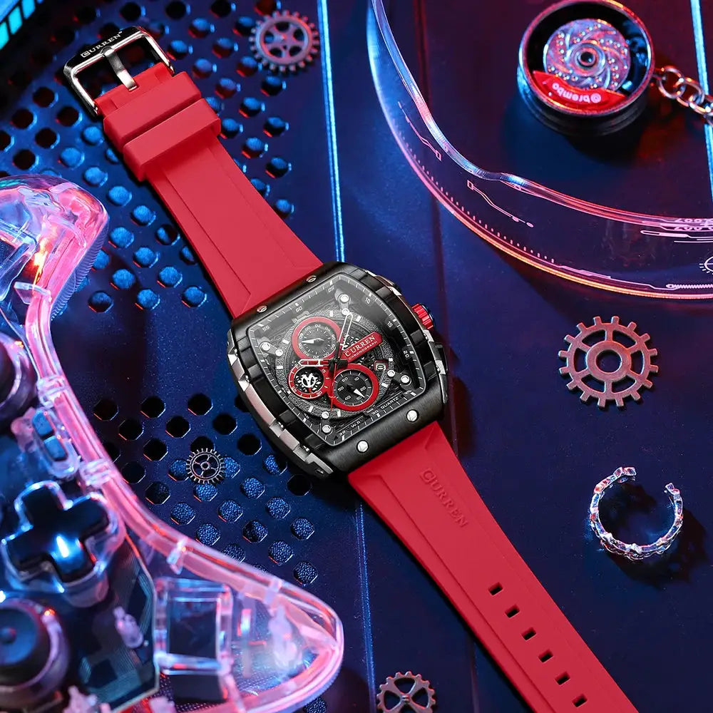 Curren Luxury Square Quartz Wristwatch For Men Water Resistant Luminous Chronograph With Date Alloy Case Silicone Strap