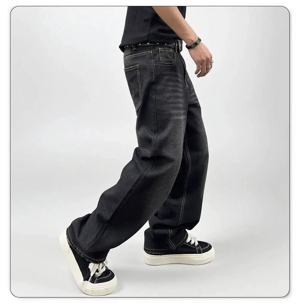 Men's black baggy straight-leg denim jeans with retro wash finish for casual business wear