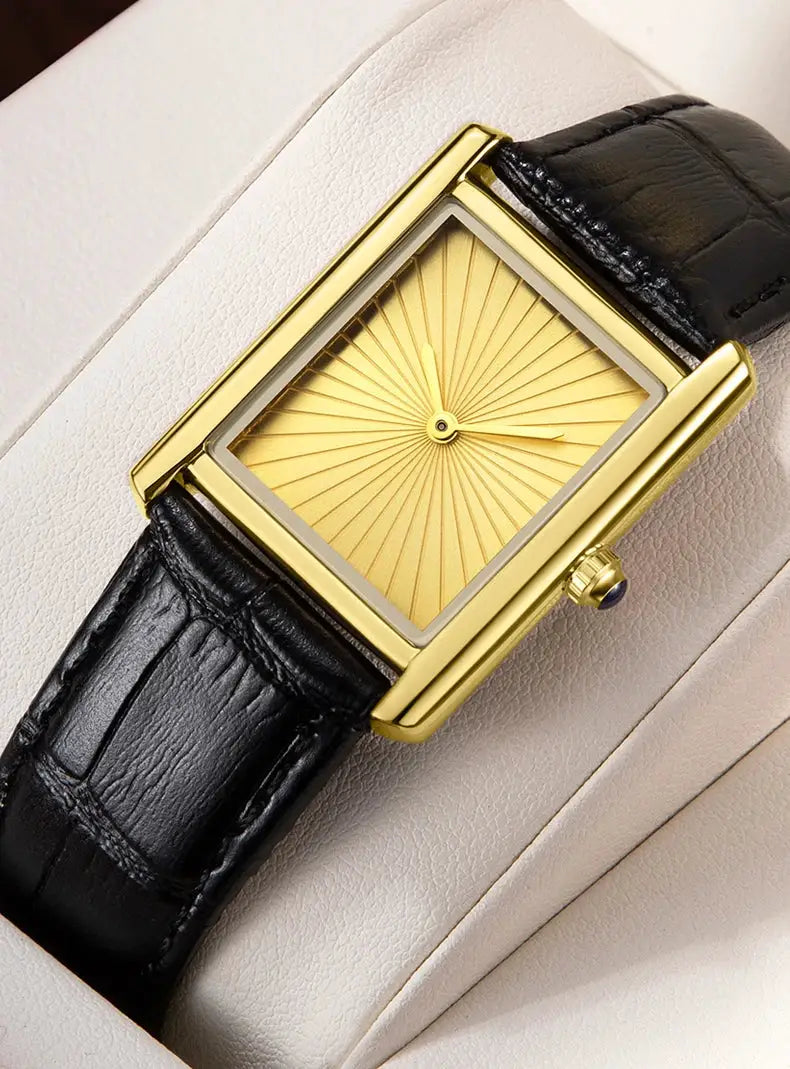Square gold-tone quartz wristwatch with black leather strap, two-hand design, by Simples Market