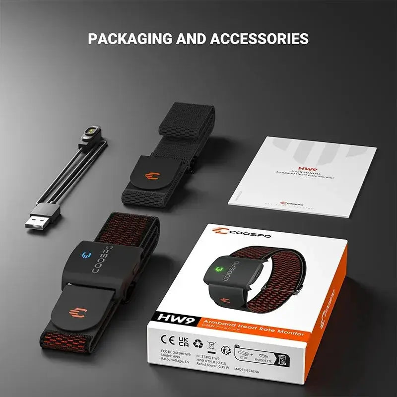 COOSPO HW9 Armband Heart Rate Monitor with HR Zones for Peloton Zwift and Wahoo BLE Five Zero ANT Plus