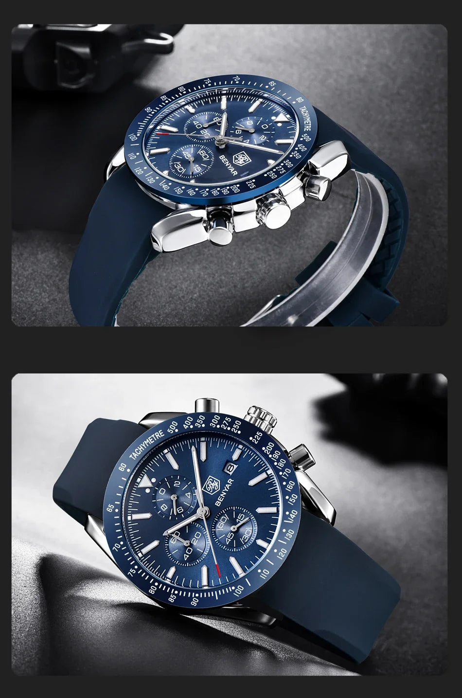 Men's BENYAR chronograph watch with blue dial tachymeter bezel stainless steel case blue silicone strap