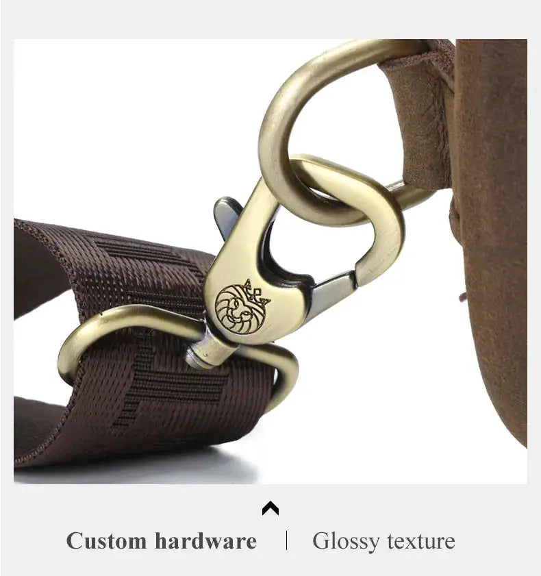 Schlatum 100% genuine leather chest bag with brass hardware and brown crossbody strap