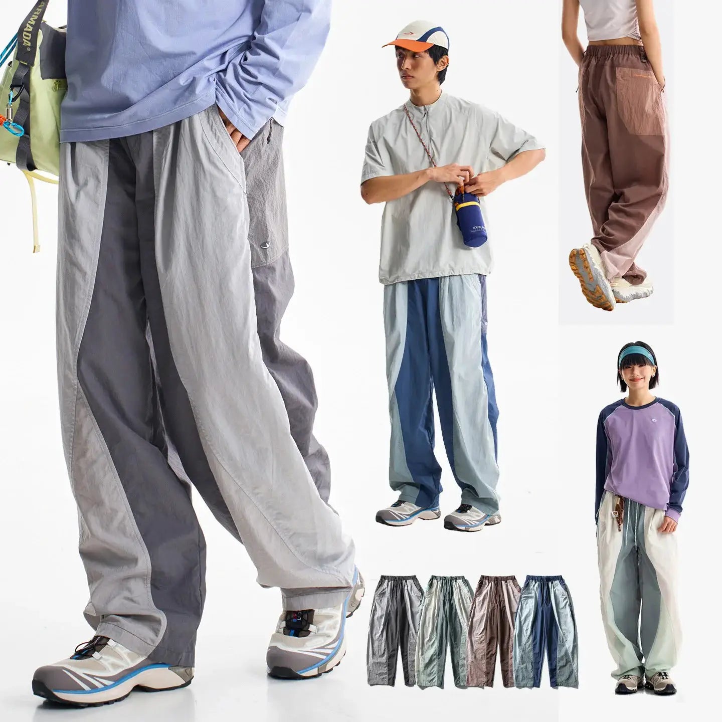 Men's outdoor lightweight quick-dry ultra-loose colorblocked wide-leg cargo pants, Simples Market, in multiple colors