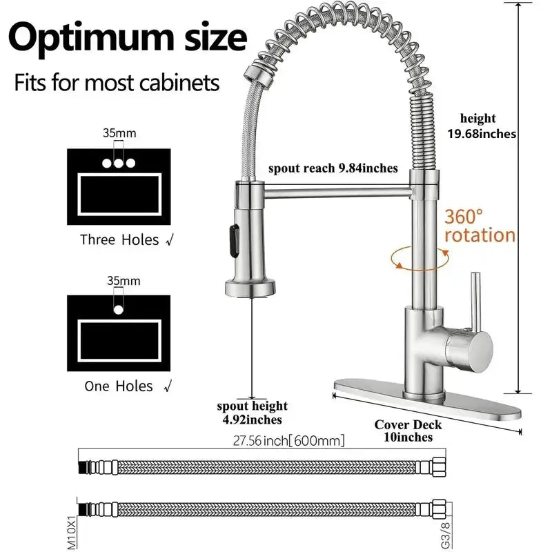 PHANCIR brushed nickel kitchen faucet with pull-down sprayer, single handle, 360° rotation, 3-hole or 1-hole adaptable