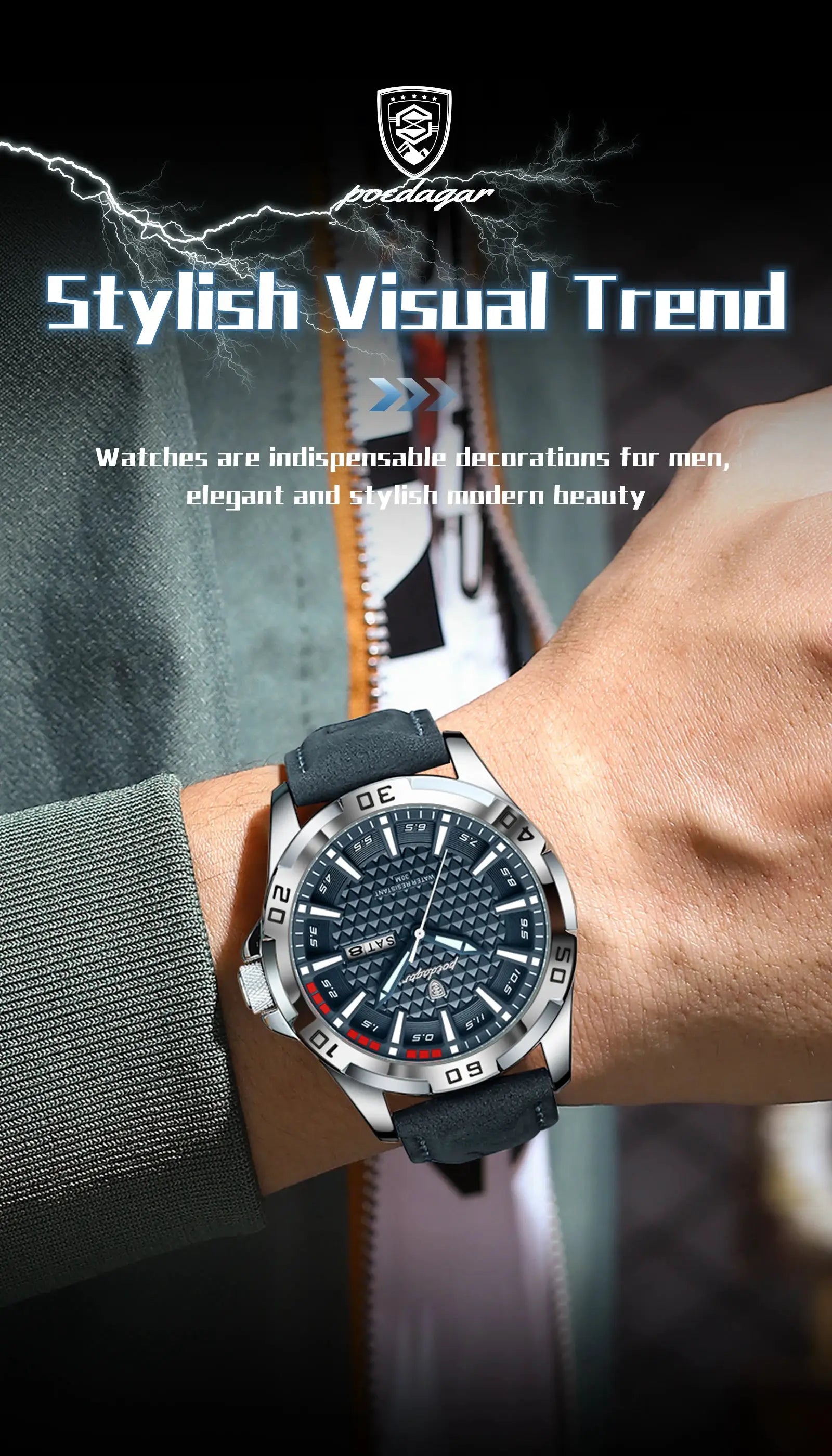 POEDAGAR wristwatch for men with blue dial, stainless steel case and blue leather strap