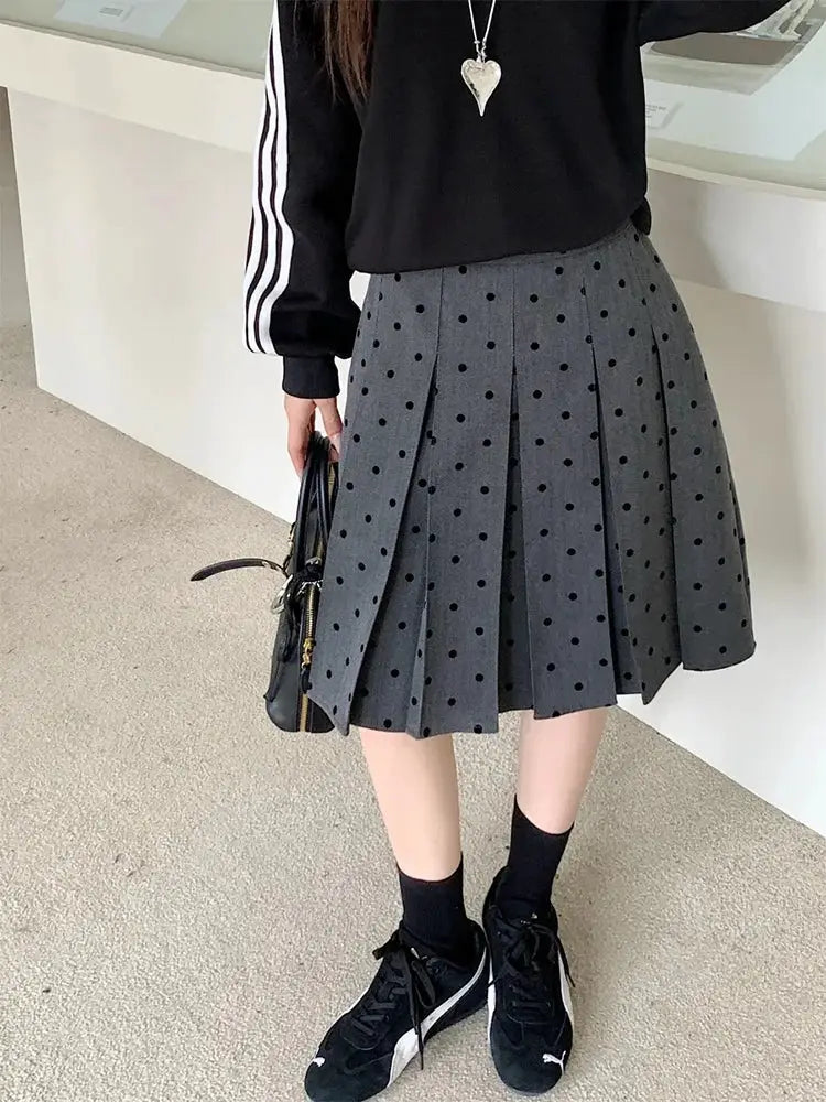 Simples Market polka dot pleated skirt, gray high-waist A-line