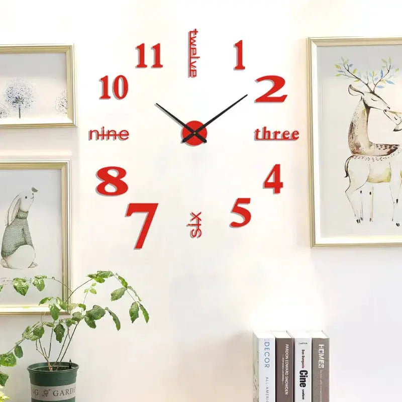 Soundless 90-120cm large 3D-number wall clock poster, bold red numerals, Simples Market
