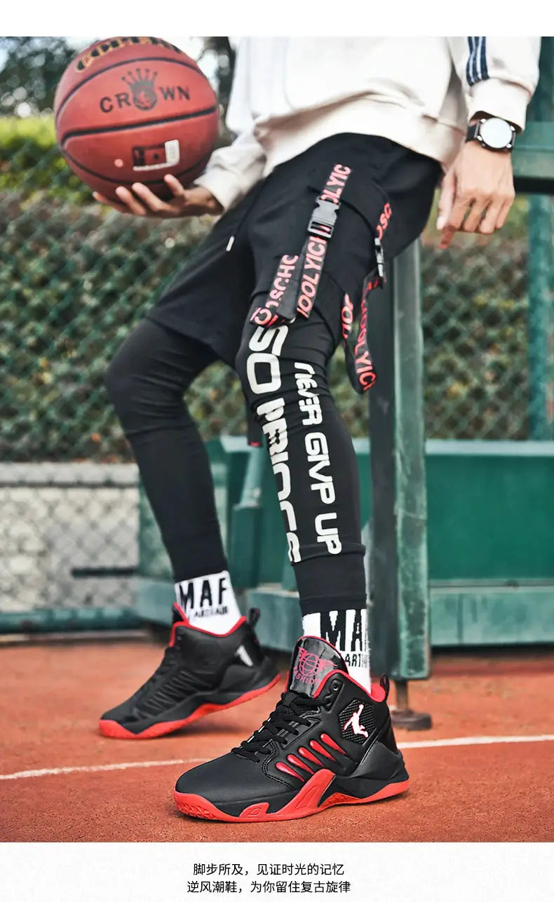 Simples Market men's athletic sneakers in black with red accents and red sole
