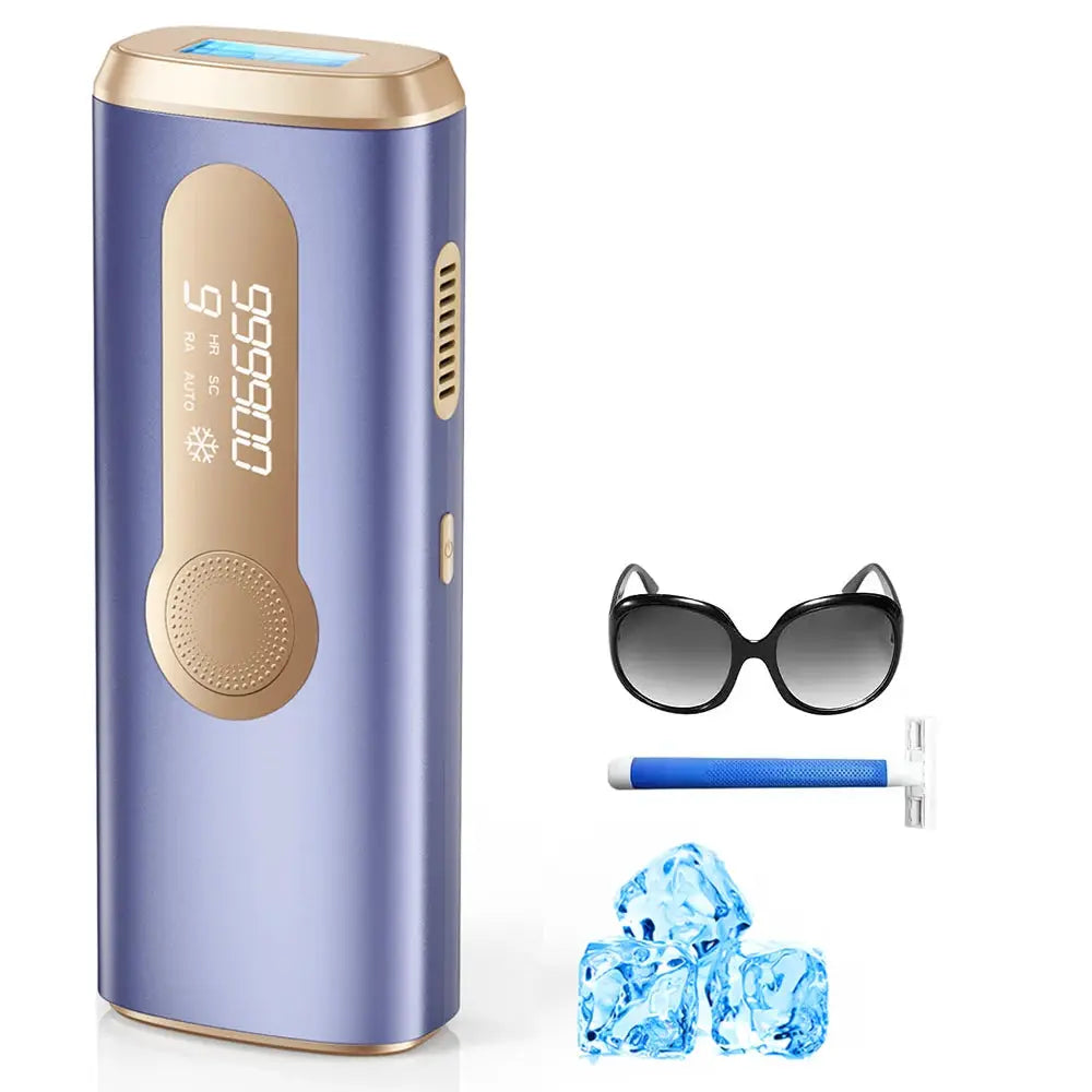 IPL hair removal device in blue-purple with ice-cooling 3-in-1 for painless in-home treatment, includes 1 pair sunglasses