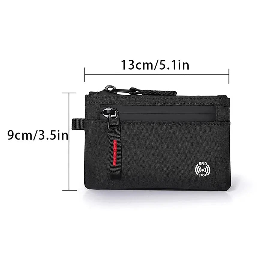 Simples Market black nylon credit card holder wallet, 13cm x 9cm, with zipper, RFID, and carabiner