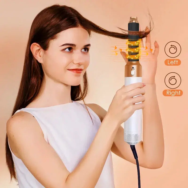 5-in-1 hair dryer brush by Simples Market, white and gold finish with left and right heat settings