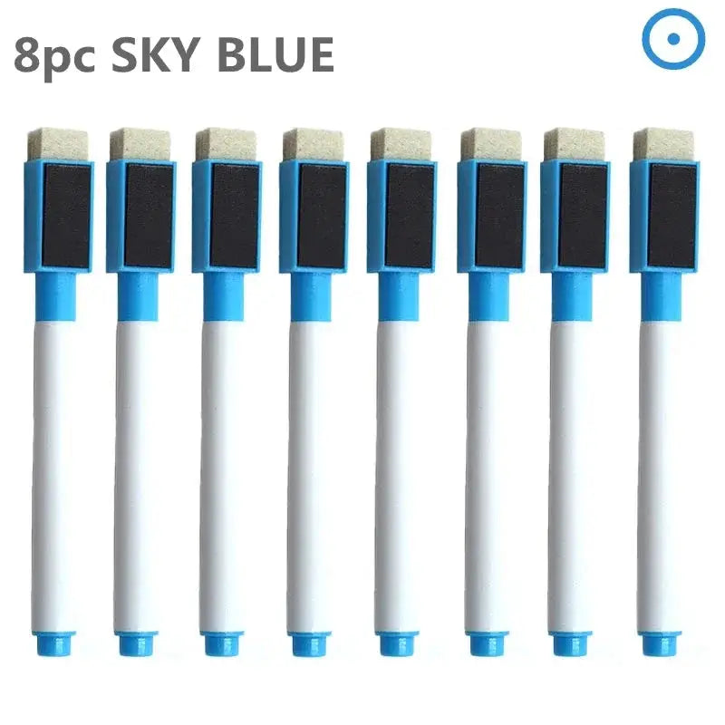 8pc sky blue whiteboard markers with built-in erasers, white bodies and blue caps