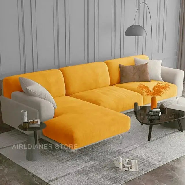 Velvet sofa cover in bright yellow for a sectional, with elastic edge for snug fit in living room setup