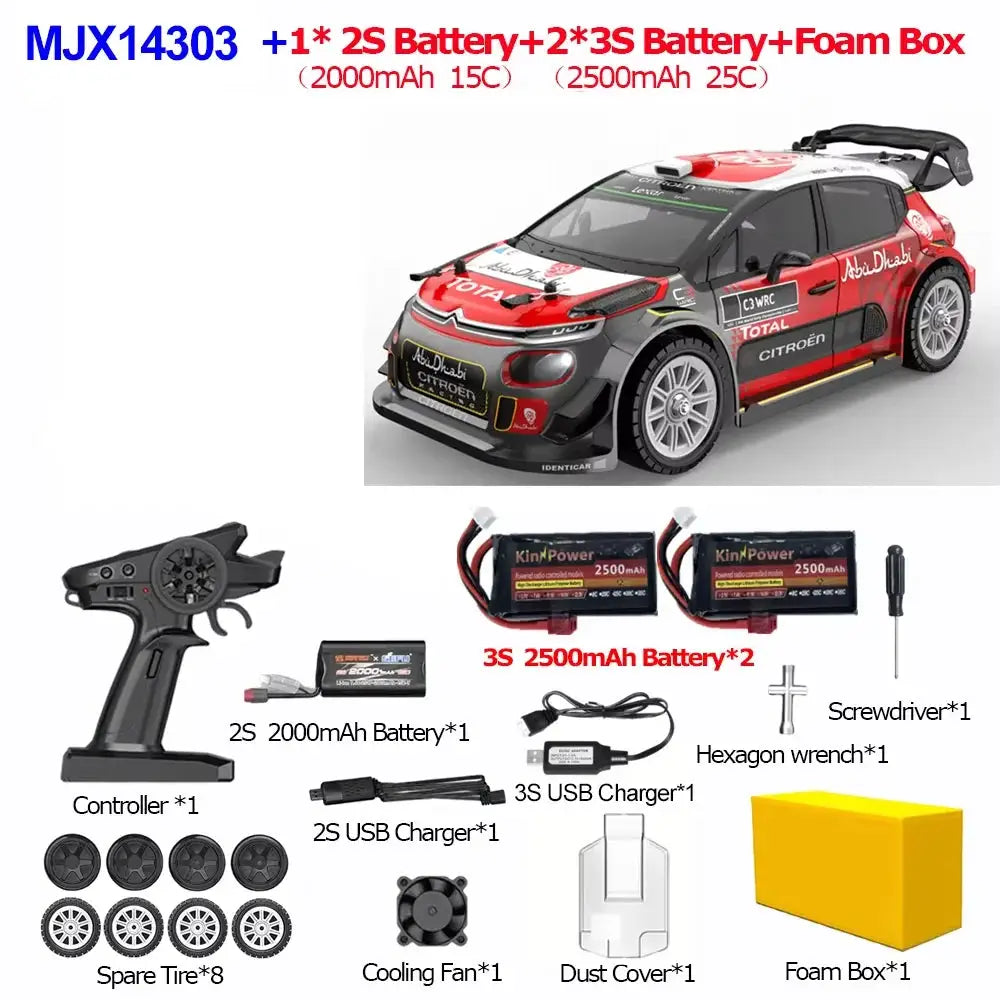Simples Market MJX14303 RC drift car, red/black, 2.4G remote, 4WD; includes 2x 3S 2500mAh and 1x 2S 2000mAh batteries