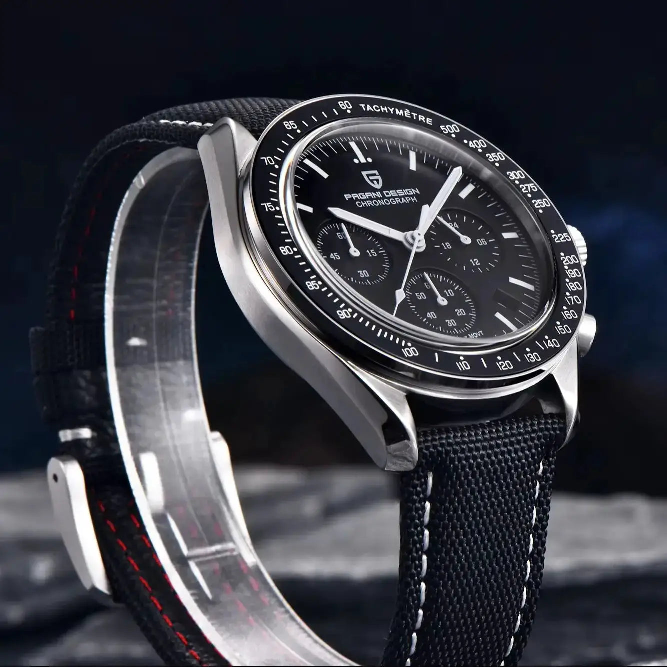 Pagani Design men's chronograph watch with black dial, tachymeter bezel, stainless steel case, and black fabric strap