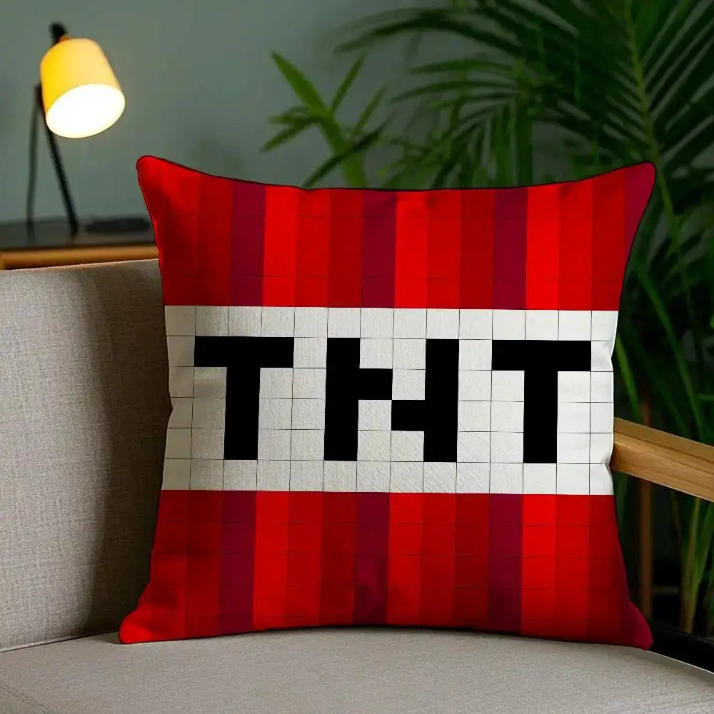 Game TNT block explosion pillow cover in red and white plush with TNT letters, double-sided print
