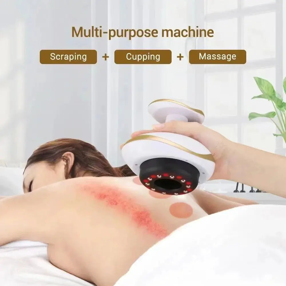 Simples Market electric scraping massage cupping body massager with heating, white and gold, suction cups on back.