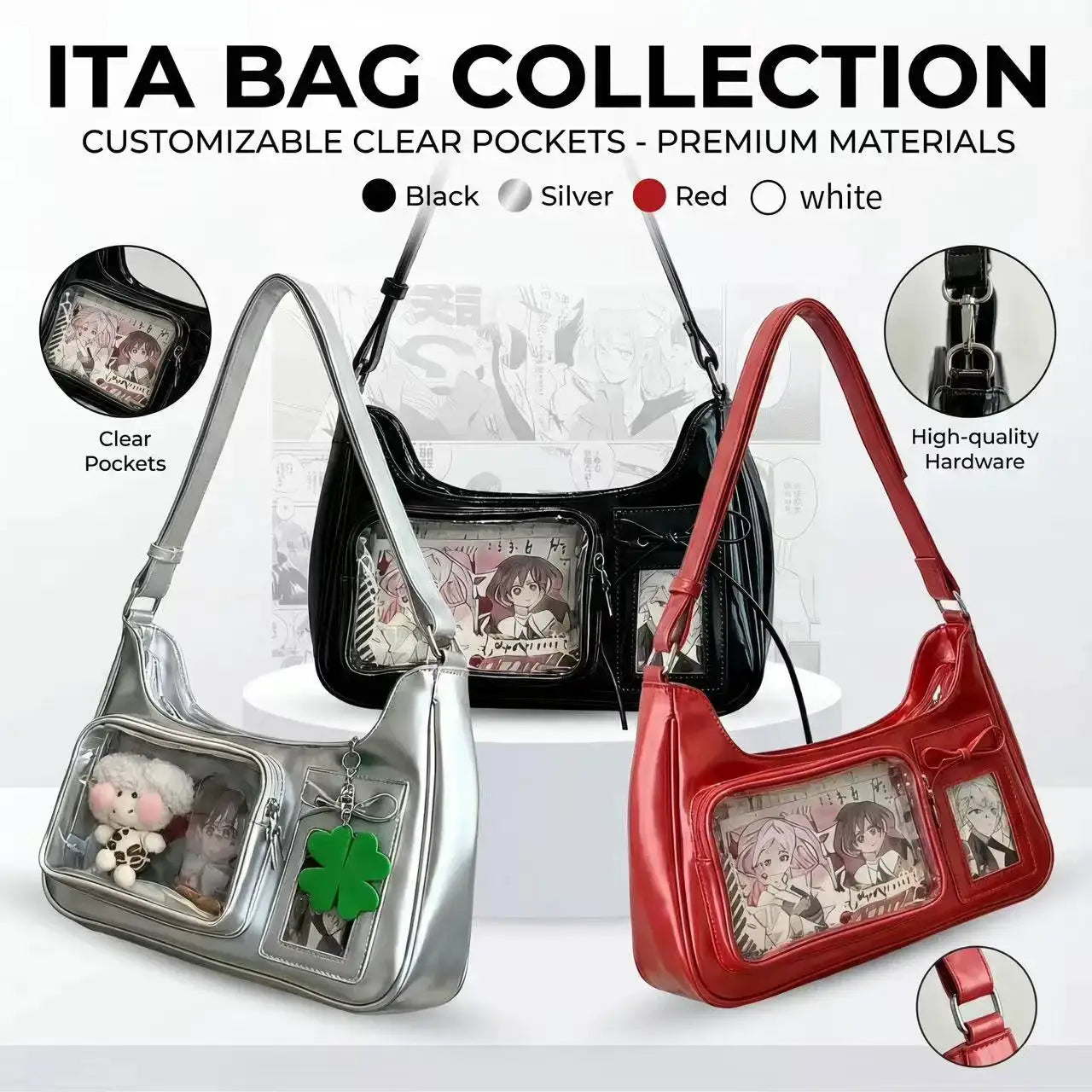 Y2K Harajuku Ita bag trio in black, silver, and red with transparent pockets